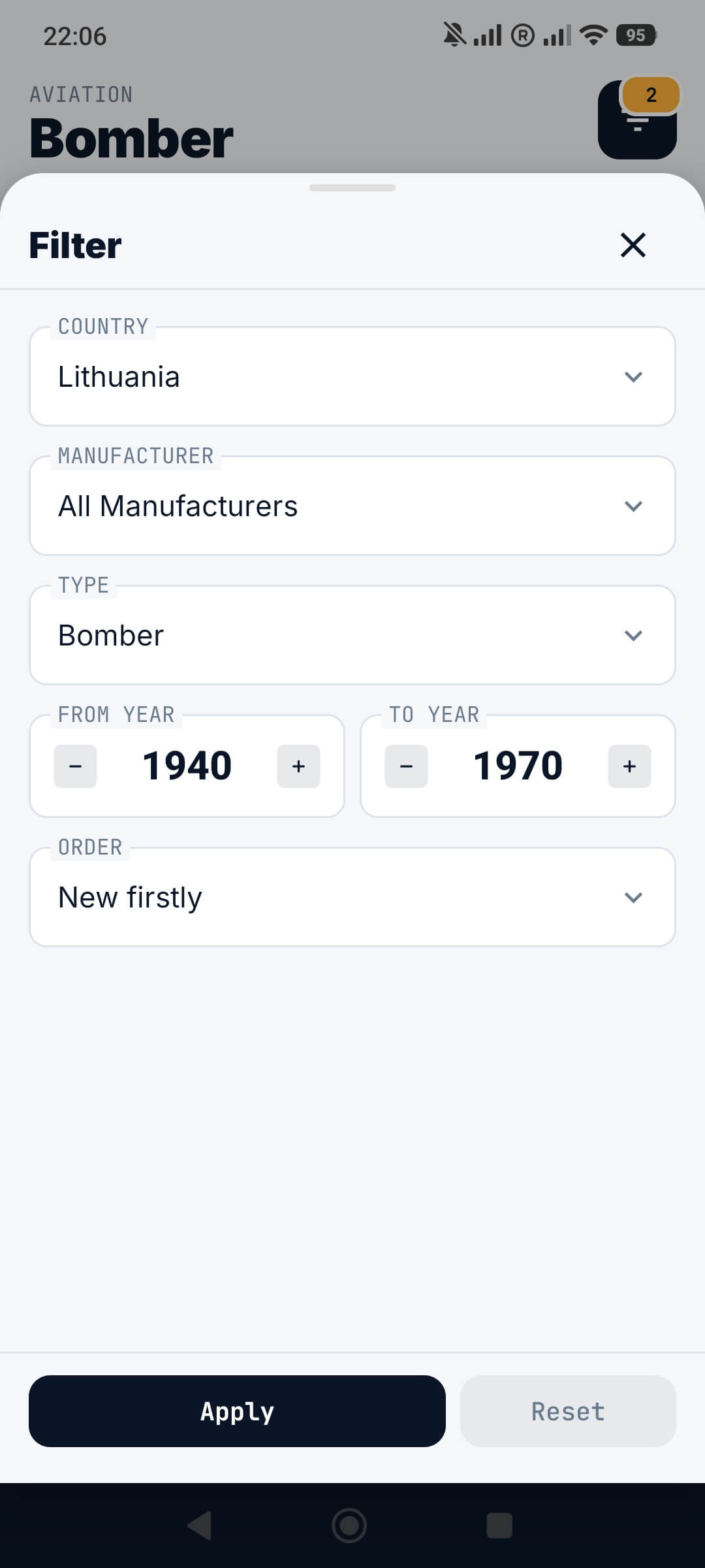 Filter and search interface